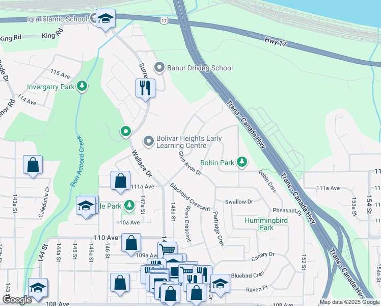 map of restaurants, bars, coffee shops, grocery stores, and more near 11258 Loughren Drive in Surrey