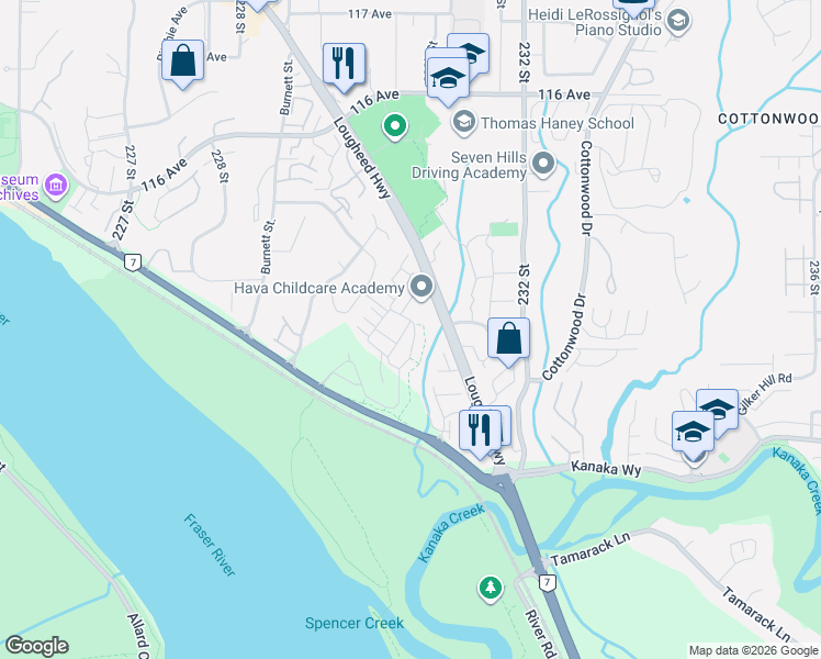 map of restaurants, bars, coffee shops, grocery stores, and more near 11280 Pazarena Place in Maple Ridge
