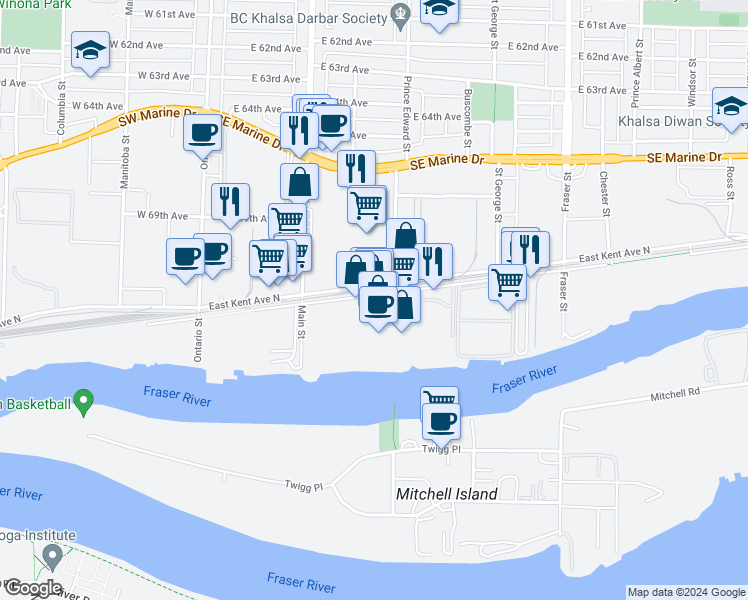 map of restaurants, bars, coffee shops, grocery stores, and more near 342 East Kent Avenue South in Vancouver