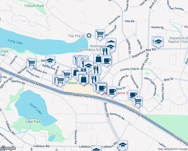 map of restaurants, bars, coffee shops, grocery stores, and more near 3230 Norwell Drive in Nanaimo