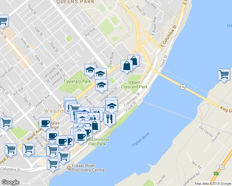 map of restaurants, bars, coffee shops, grocery stores, and more near in New Westminster