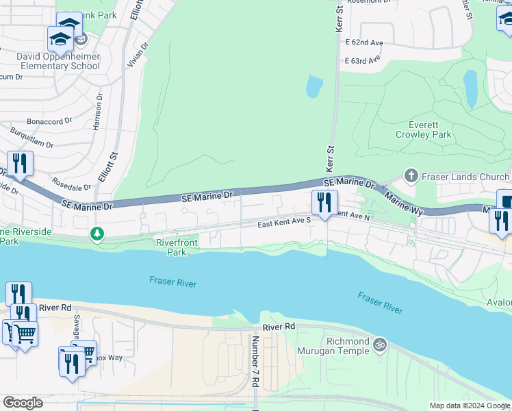map of restaurants, bars, coffee shops, grocery stores, and more near 284 Southeast Marine Drive in Vancouver