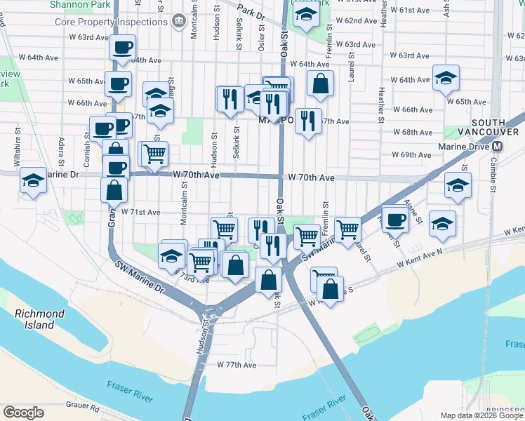 map of restaurants, bars, coffee shops, grocery stores, and more near 1099 West 71st Avenue in Vancouver