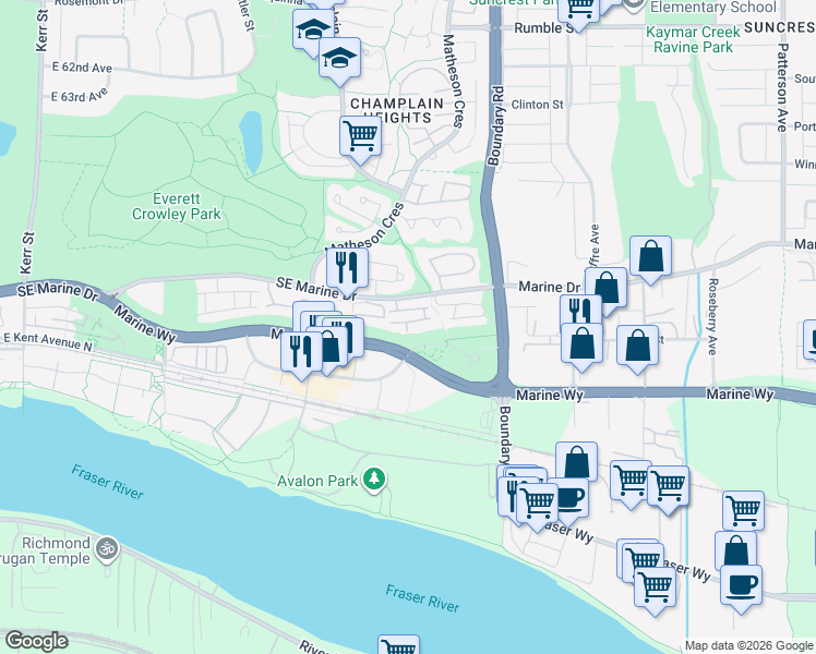 map of restaurants, bars, coffee shops, grocery stores, and more near 3580 Rainier Place in Vancouver