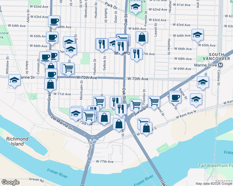 map of restaurants, bars, coffee shops, grocery stores, and more near 1099 West 71st Avenue in Vancouver