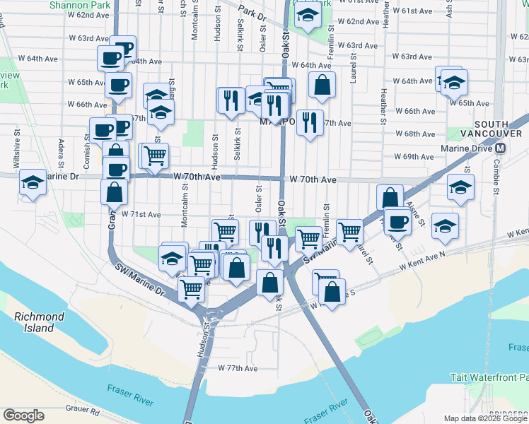 map of restaurants, bars, coffee shops, grocery stores, and more near 1099 West 71st Avenue in Vancouver