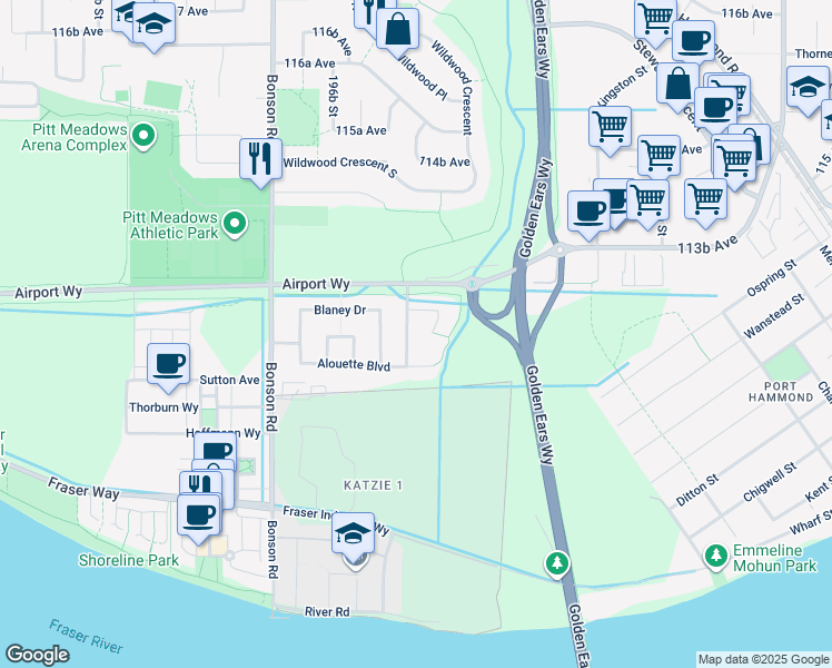 map of restaurants, bars, coffee shops, grocery stores, and more near 11252 Southgate Road in Pitt Meadows