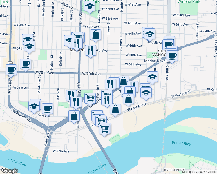 map of restaurants, bars, coffee shops, grocery stores, and more near 8680 Laurel Street in Vancouver