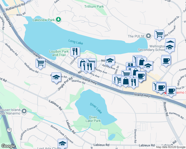 map of restaurants, bars, coffee shops, grocery stores, and more near Victoria Avenue in Nanaimo
