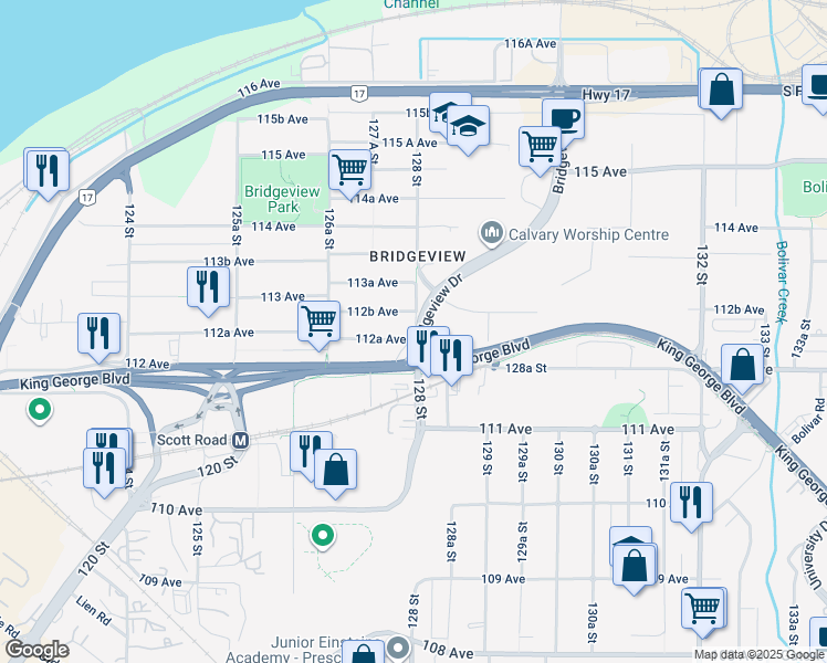 map of restaurants, bars, coffee shops, grocery stores, and more near 11257 128 Street in Surrey