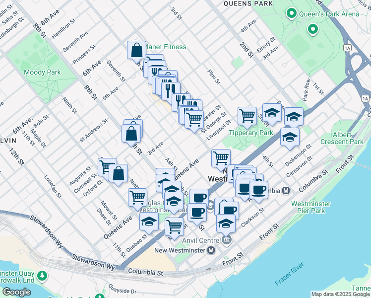 map of restaurants, bars, coffee shops, grocery stores, and more near 221 Seventh Street in New Westminster