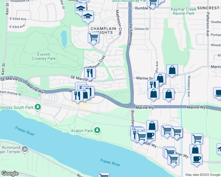 map of restaurants, bars, coffee shops, grocery stores, and more near 3586 Rainier Place in Vancouver