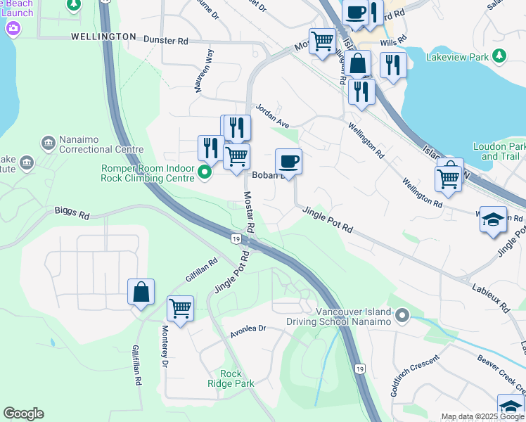 map of restaurants, bars, coffee shops, grocery stores, and more near 4073 Old Slope Place in Nanaimo
