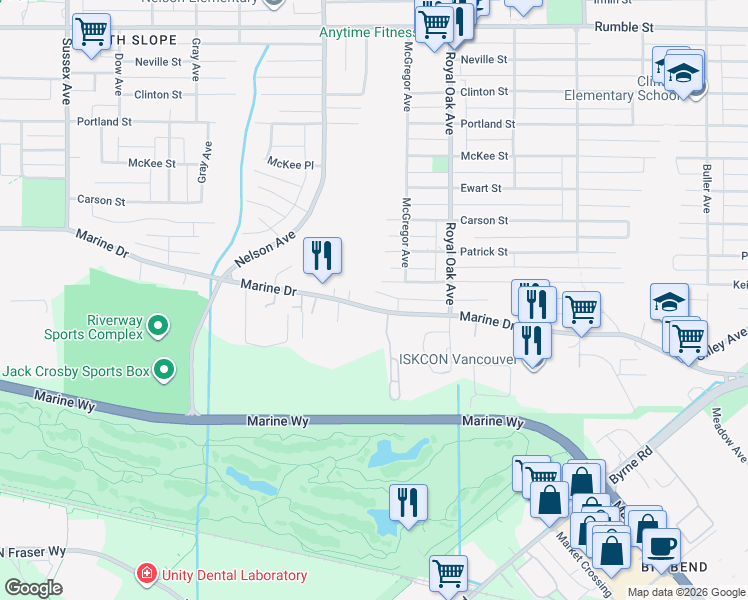 map of restaurants, bars, coffee shops, grocery stores, and more near 5039 Marine Drive in Burnaby