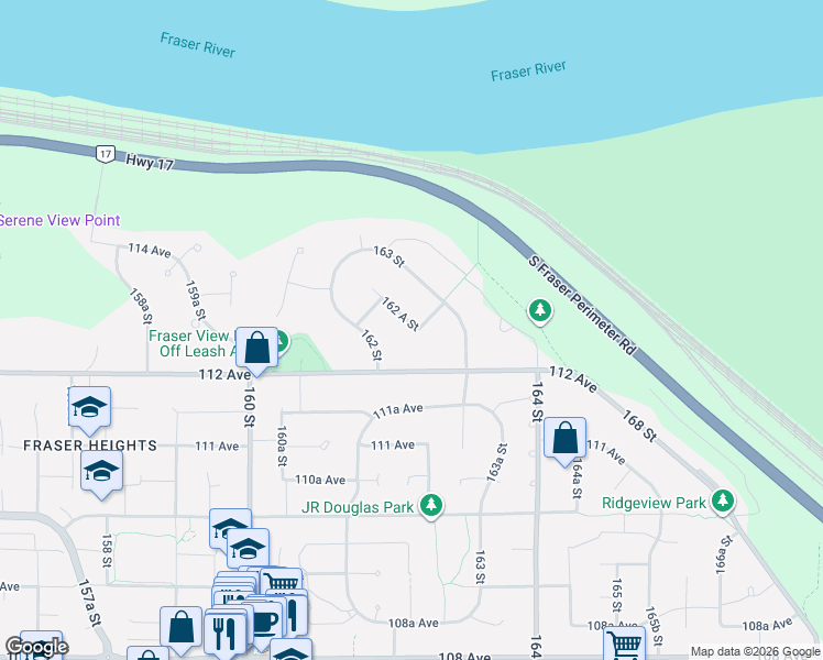 map of restaurants, bars, coffee shops, grocery stores, and more near 16271 112B Avenue in Surrey