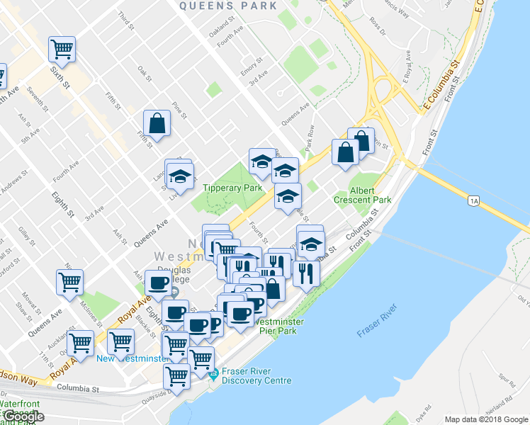 map of restaurants, bars, coffee shops, grocery stores, and more near in New Westminster