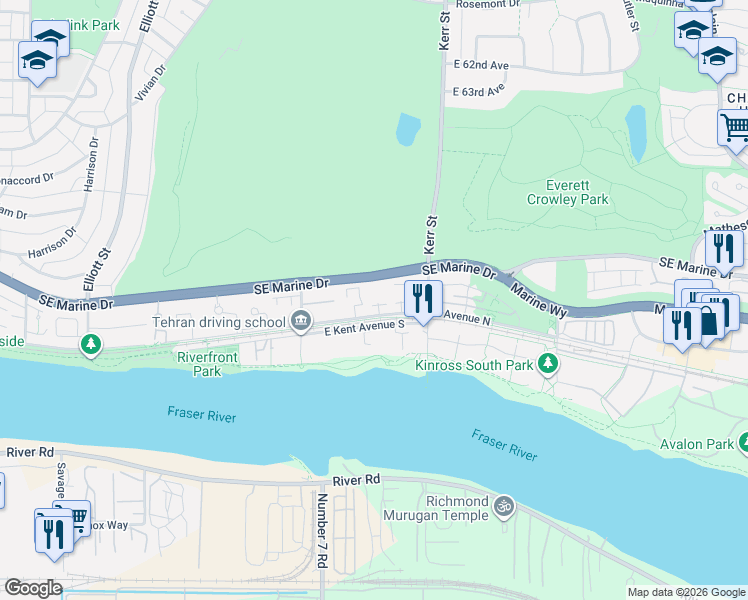 map of restaurants, bars, coffee shops, grocery stores, and more near in Vancouver