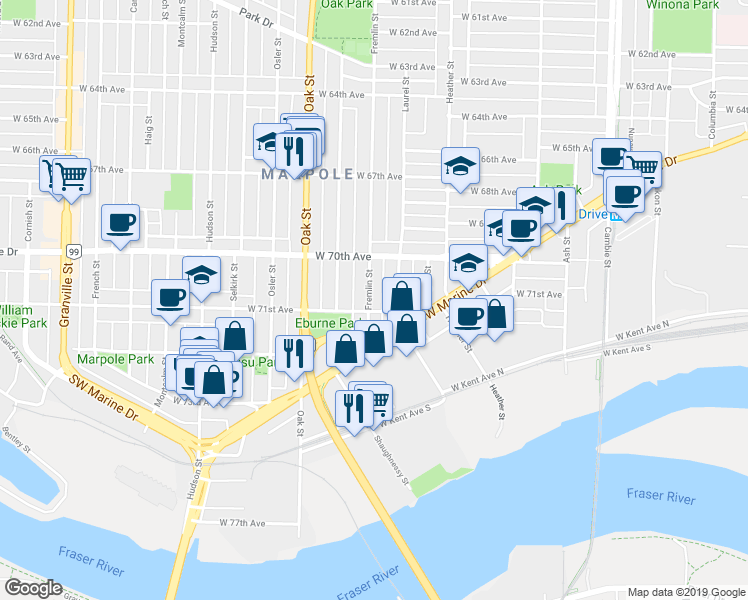 map of restaurants, bars, coffee shops, grocery stores, and more near in Vancouver