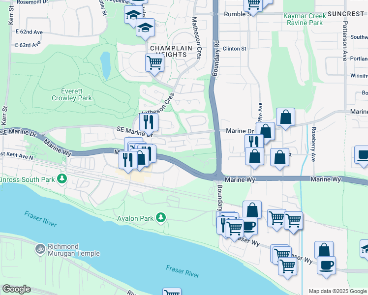 map of restaurants, bars, coffee shops, grocery stores, and more near 3586 Rainier Place in Vancouver