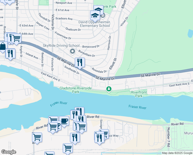 map of restaurants, bars, coffee shops, grocery stores, and more near 2324 Southeast Marine Drive in Vancouver