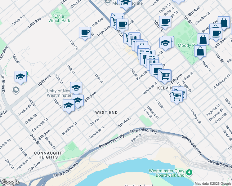 map of restaurants, bars, coffee shops, grocery stores, and more near 1418 Hamilton Street in New Westminster