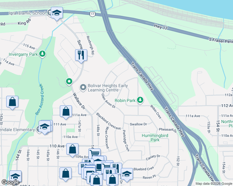 map of restaurants, bars, coffee shops, grocery stores, and more near 11261 Lansdowne Drive in Surrey