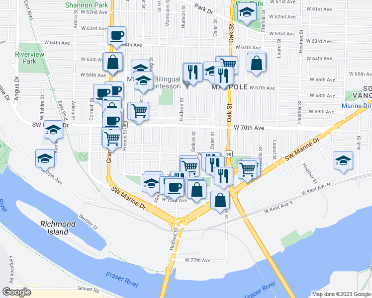 map of restaurants, bars, coffee shops, grocery stores, and more near 1251 West 71st Avenue in Vancouver