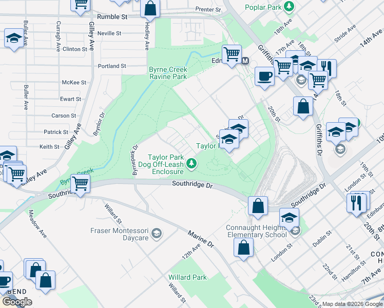 map of restaurants, bars, coffee shops, grocery stores, and more near 7488 Southwynde Avenue in Burnaby