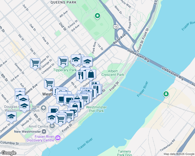 map of restaurants, bars, coffee shops, grocery stores, and more near 209 Carnarvon Street in New Westminster