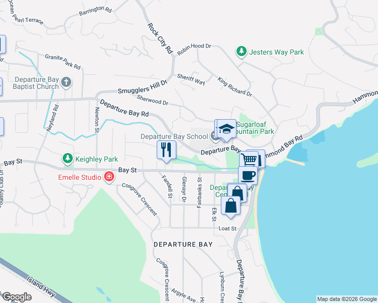 map of restaurants, bars, coffee shops, grocery stores, and more near 3129 Departure Bay Road in Nanaimo