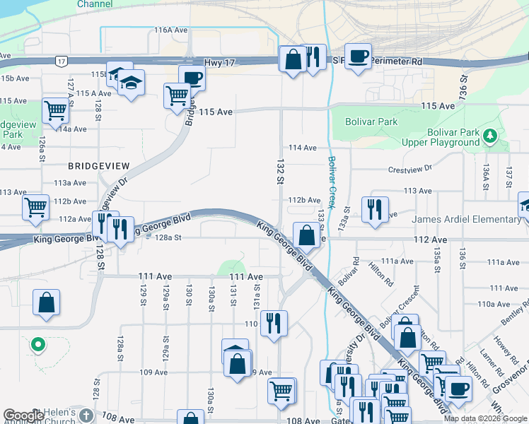 map of restaurants, bars, coffee shops, grocery stores, and more near in Surrey