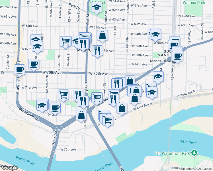map of restaurants, bars, coffee shops, grocery stores, and more near 8680 Fremlin Street in Vancouver