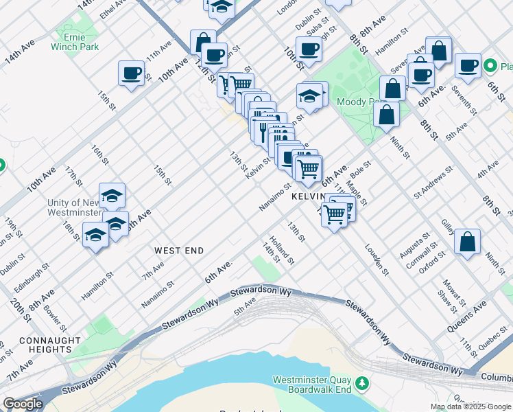 map of restaurants, bars, coffee shops, grocery stores, and more near 1311 Nanaimo Street in New Westminster
