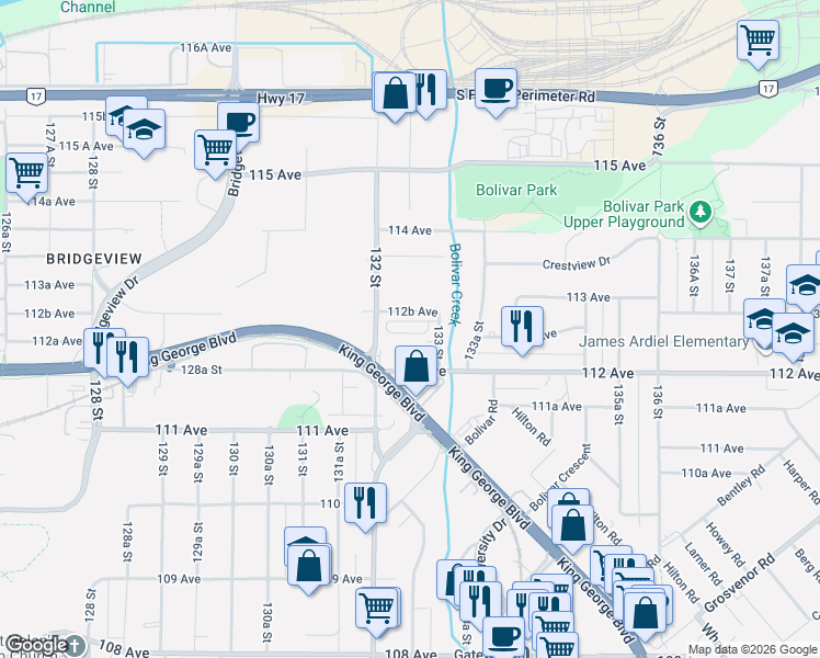 map of restaurants, bars, coffee shops, grocery stores, and more near 11267 133 Street in Surrey