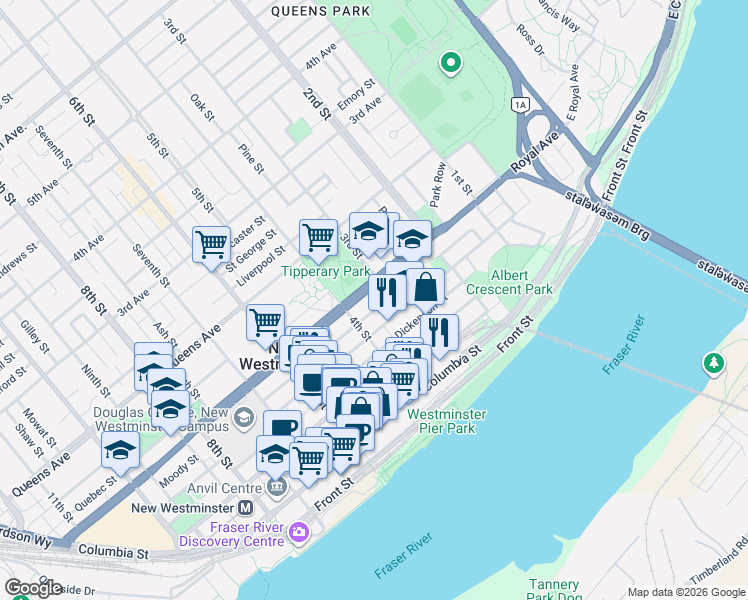 map of restaurants, bars, coffee shops, grocery stores, and more near 320 Royal Avenue in New Westminster