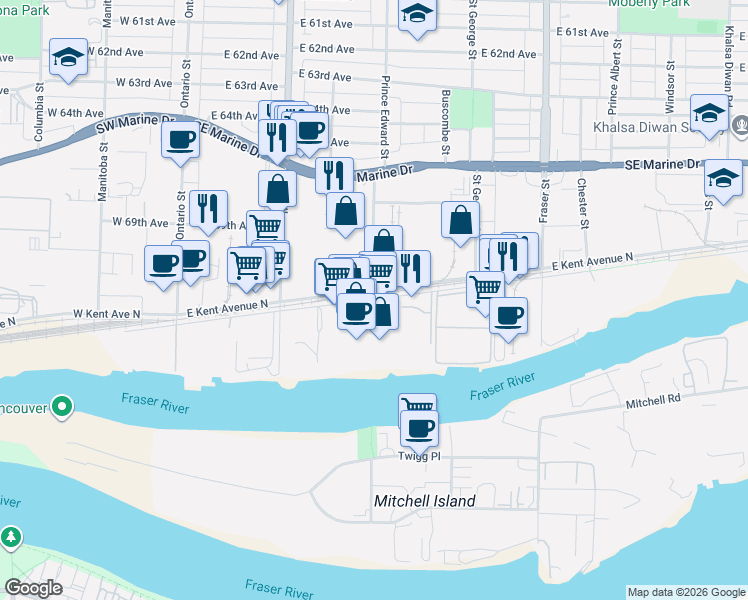 map of restaurants, bars, coffee shops, grocery stores, and more near 408 East Kent Avenue South in Vancouver