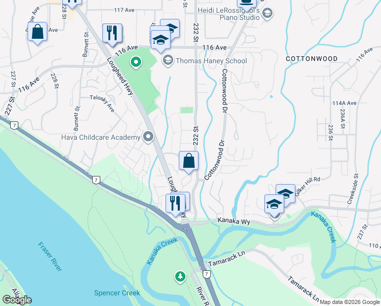 map of restaurants, bars, coffee shops, grocery stores, and more near 23188 113 Avenue in Maple Ridge