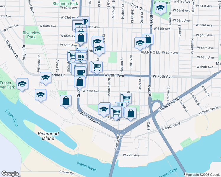 map of restaurants, bars, coffee shops, grocery stores, and more near 8690 Montcalm Street in Vancouver