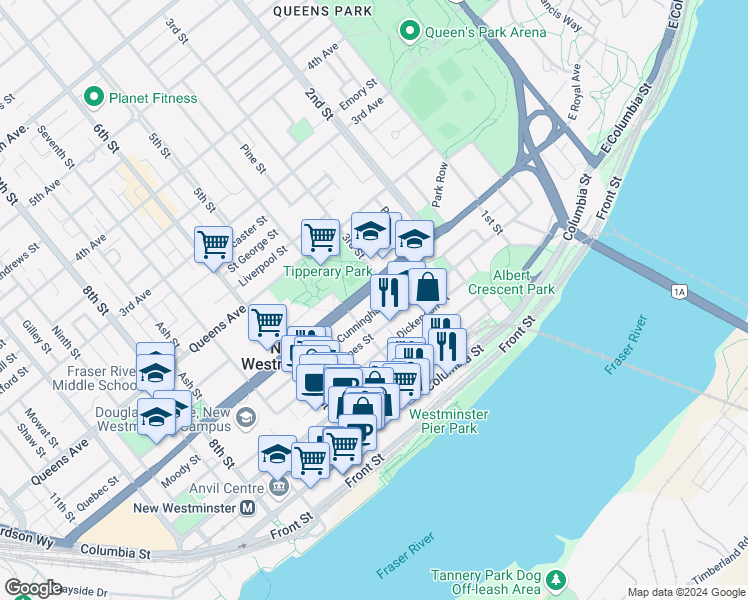 map of restaurants, bars, coffee shops, grocery stores, and more near 320 Royal Avenue in New Westminster