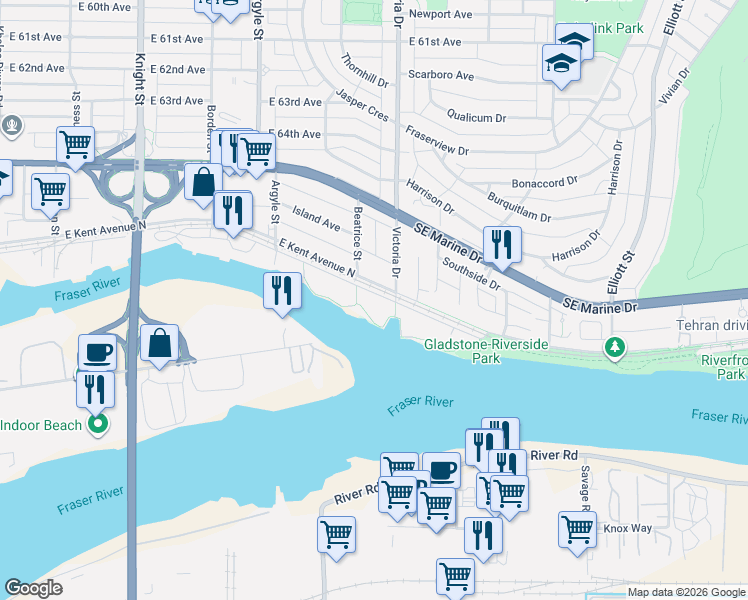 map of restaurants, bars, coffee shops, grocery stores, and more near 1920 East Kent Avenue South in Vancouver