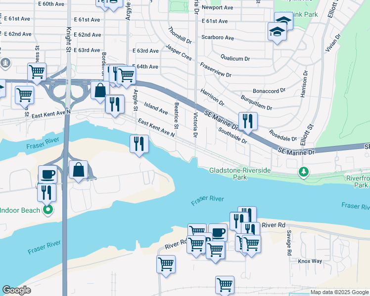 map of restaurants, bars, coffee shops, grocery stores, and more near 1950 East Kent Avenue South in Vancouver