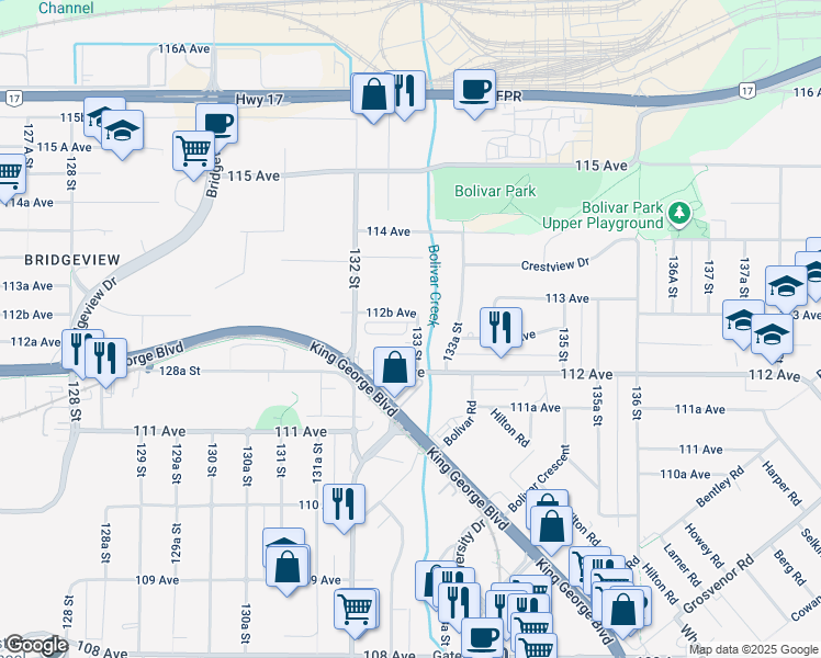 map of restaurants, bars, coffee shops, grocery stores, and more near in Surrey