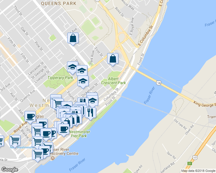 map of restaurants, bars, coffee shops, grocery stores, and more near 31 Elliot Street in New Westminster