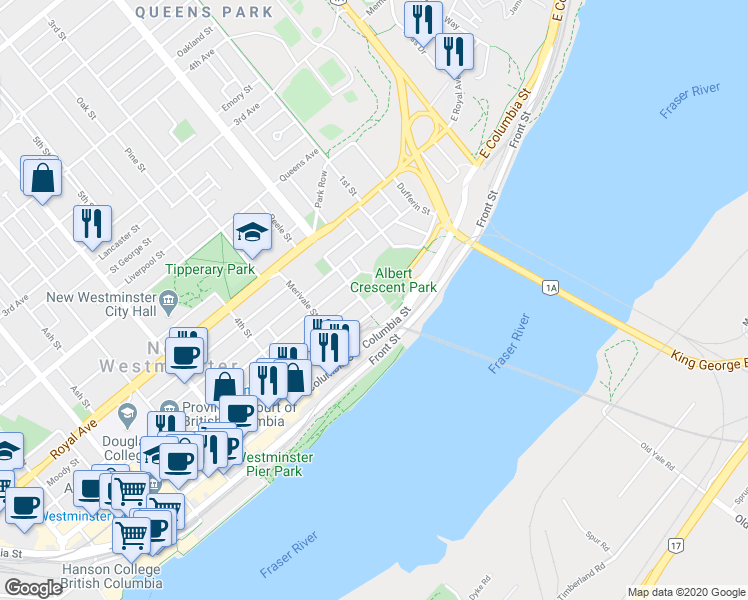 map of restaurants, bars, coffee shops, grocery stores, and more near 31 Elliot Street in New Westminster