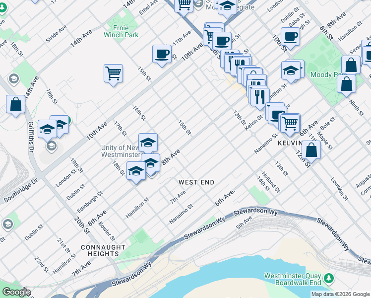 map of restaurants, bars, coffee shops, grocery stores, and more near 1522 East 8th Avenue in Vancouver