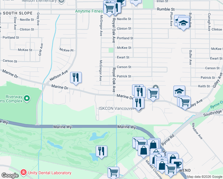 map of restaurants, bars, coffee shops, grocery stores, and more near 8543 Royal Oak Avenue in Burnaby