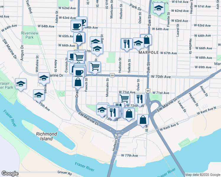 map of restaurants, bars, coffee shops, grocery stores, and more near in Vancouver