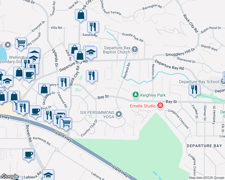 map of restaurants, bars, coffee shops, grocery stores, and more near 3021 Crestwood Place in Nanaimo