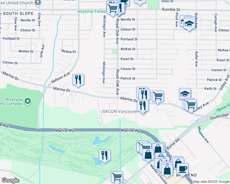 map of restaurants, bars, coffee shops, grocery stores, and more near 8543 Royal Oak Avenue in Burnaby