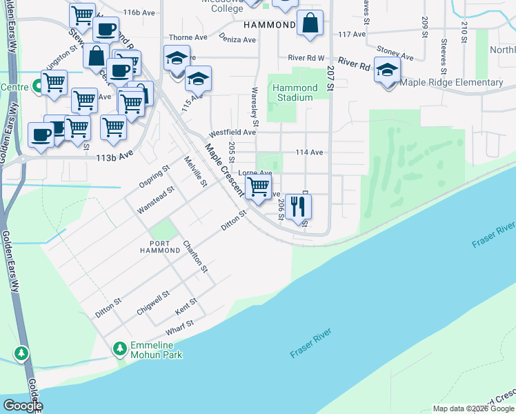 map of restaurants, bars, coffee shops, grocery stores, and more near 2 Maple Crescent in Maple Ridge